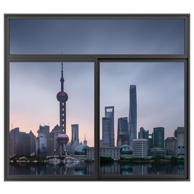 Adesivi murali con metropoli Finestra nera Shanghai Skyline di Morning Mood