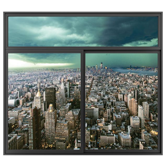 Autocolantes de parede com nomes de cidades Finestra nera Skyline di New York nella tempesta