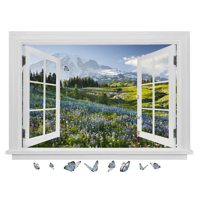 Adesivi da parete 3d Finestra aperta Prato di montagna con fiori davanti al monte Rainier e farfalle