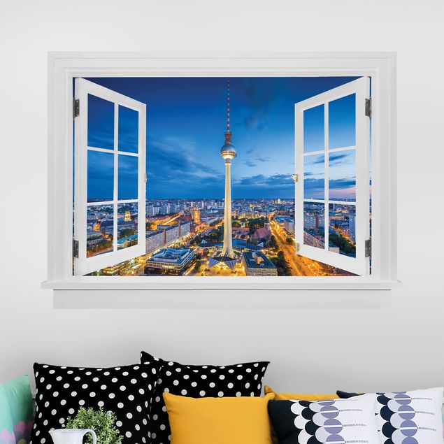 Sticker murali 3d Finestra aperta Berlino di notte con la torre della televisione