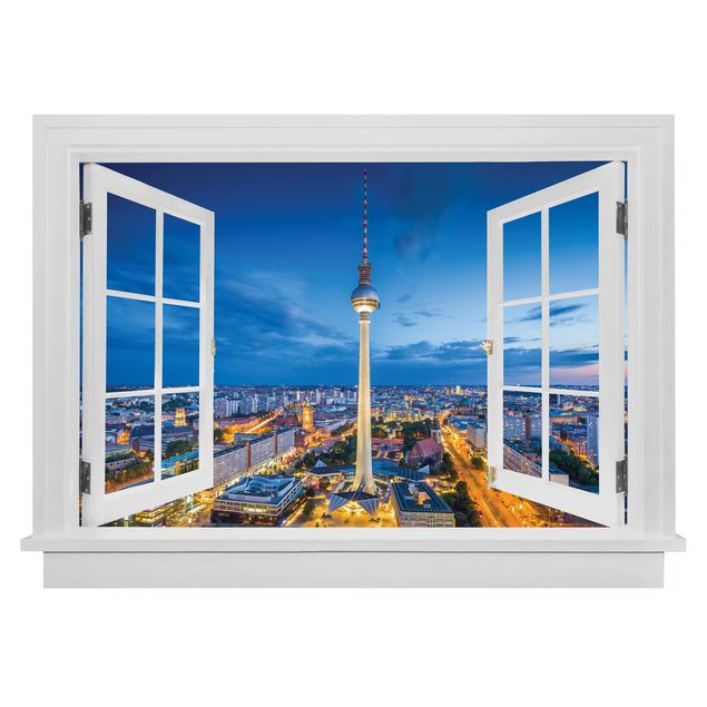 Autocolantes de parede metrópoles Finestra aperta Berlino di notte con la torre della televisione