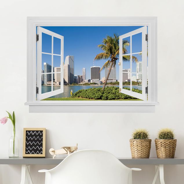 Adesivi da parete 3d Finestra aperta Skyline di Miami Beach