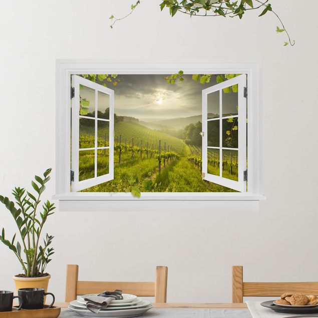 Stickers murali piante Finestra aperta raggi di sole vigneto con viti e uva
