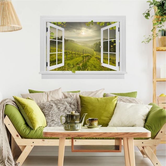Adesivi da parete 3d Finestra aperta raggi di sole vigneto con viti e uva