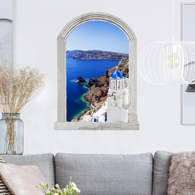 Autocolantes de parede cidades e paisagens urbanas Arco di pietra vista su Santorini