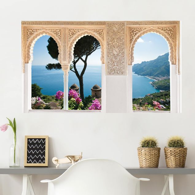 Adesivi da parete 3d Finestra decorata vista dal giardino sul mare