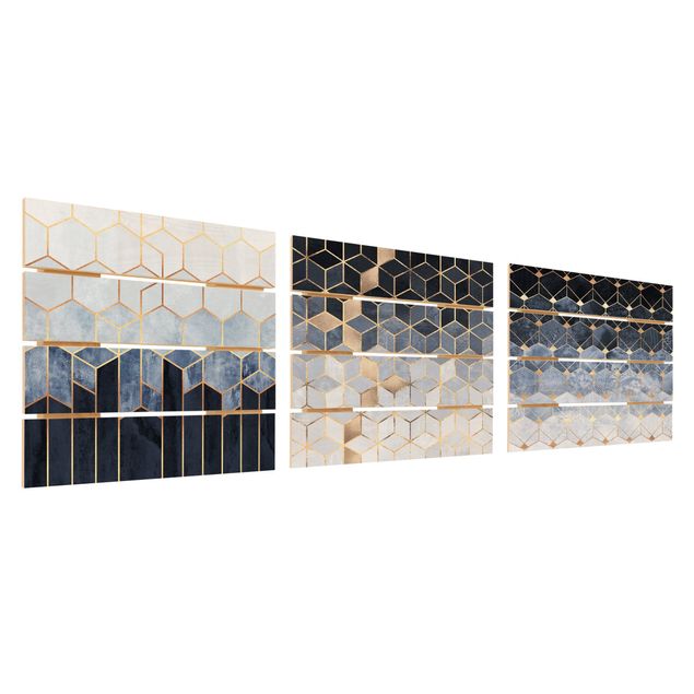 Quadro in legno effetto pallet - Elisabeth Fredriksson - Blu Bianco Oro esagonale Set - Quadrato 1:1