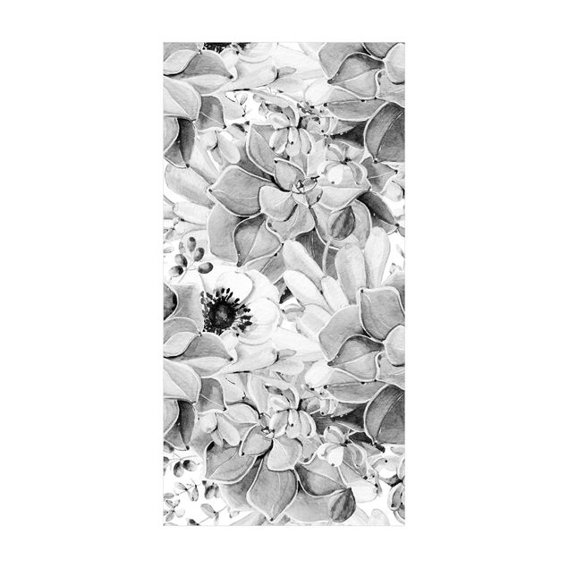 tappeto sala da pranzo Succulente acquerello con fiore in bianco e nero