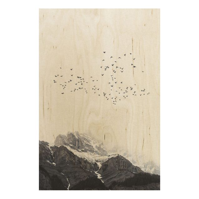 Quadri Kubistika Stormo di uccelli di fronte alle montagne in bianco e nero
