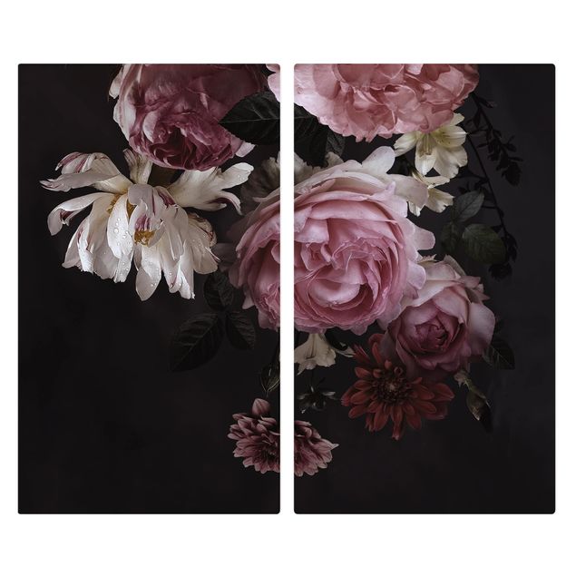 Coprifornelli in vetro - Pink Flowers On Black - 52x60cm