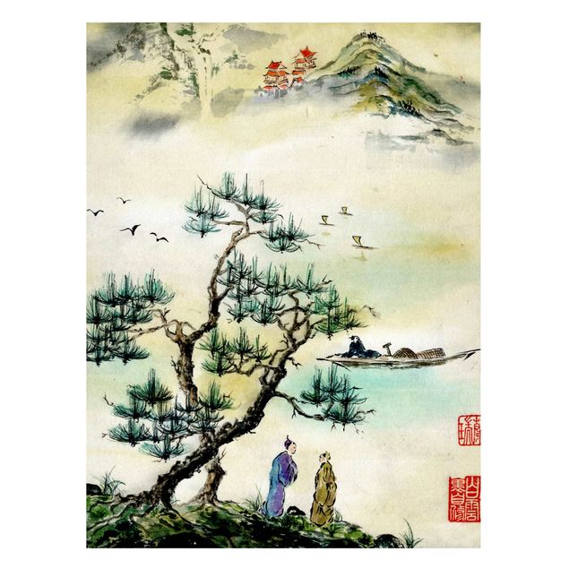 Quadri alberi Disegno acquerello giapponese pino e villaggio di montagna
