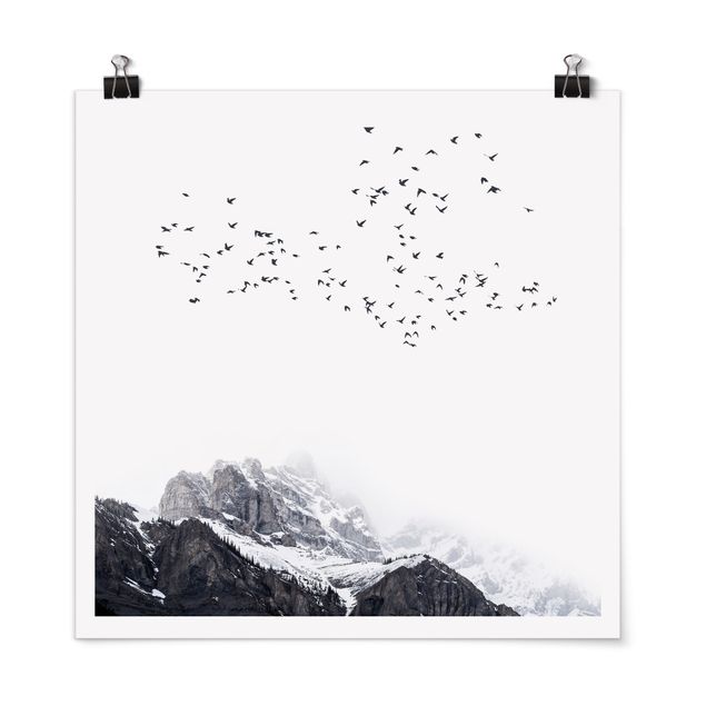 Quadri in bianco e nero Stormo di uccelli di fronte alle montagne in bianco e nero