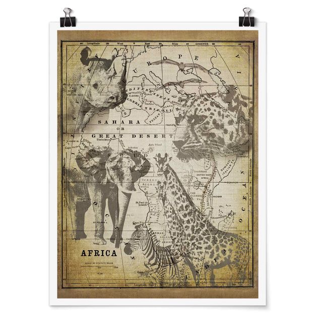 Quadro mappamondo Collage vintage - Animali selvatici in Africa