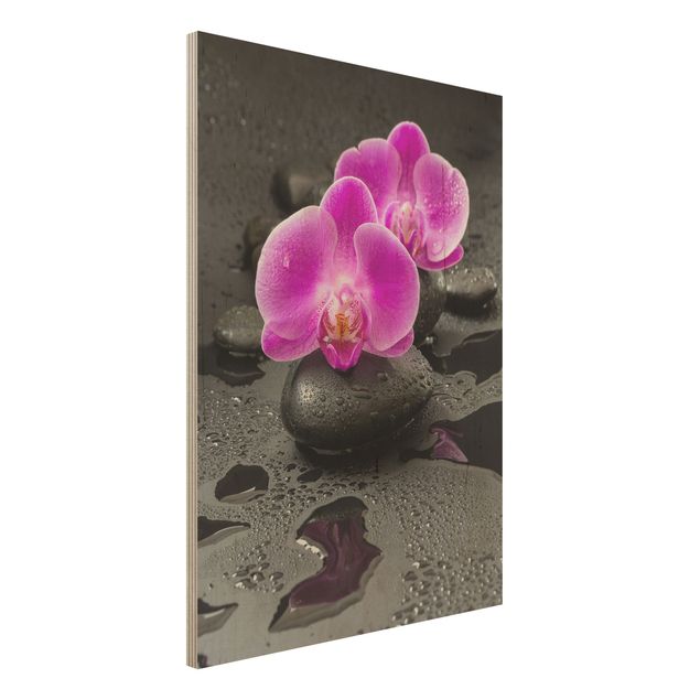 Quadri in legno con fiori Fiore di orchidea rosa su pietra con gocce