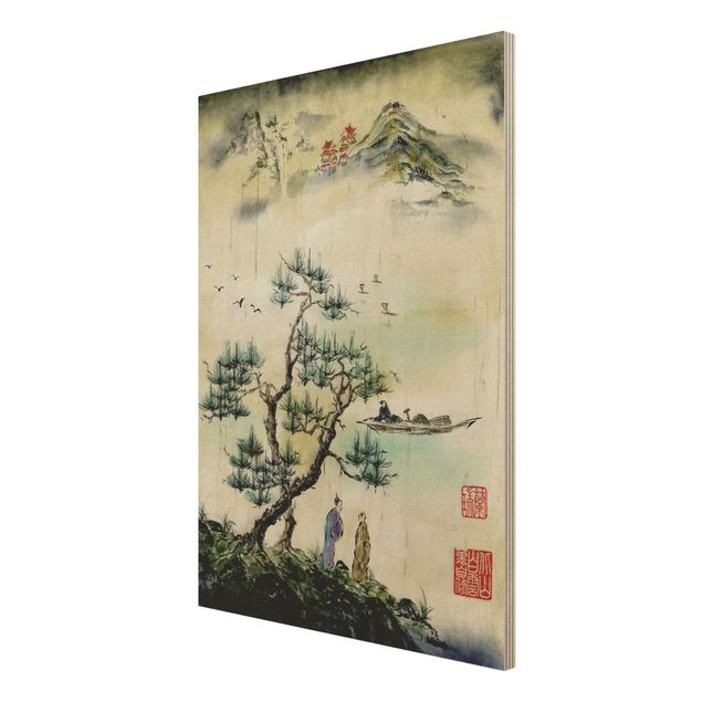 Quadri stampe Disegno acquerello giapponese pino e villaggio di montagna