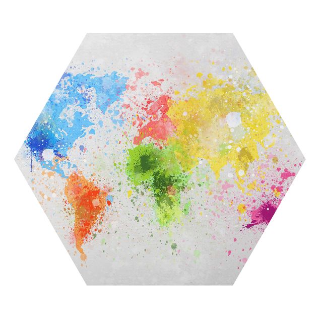 Quadro esagonale Mappa del mondo a schizzi colorati