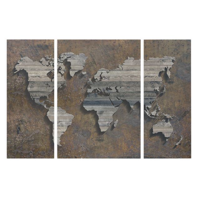 Quadro marrone Mappa del mondo con griglia di legno