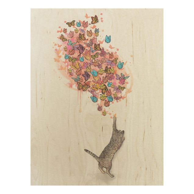 Stampe su legno Illustrazione - Gatto con farfalle colorate pittura
