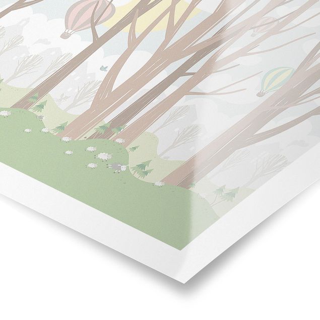 Poster paesaggi naturali Sole con alberi e mongolfiere