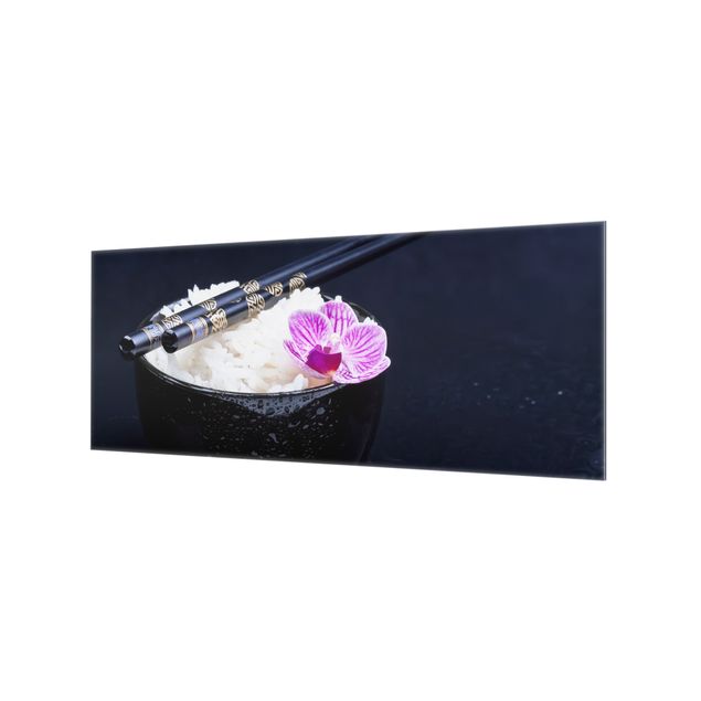 Paraschizzi cucina vetro Ciotola di riso con orchidea