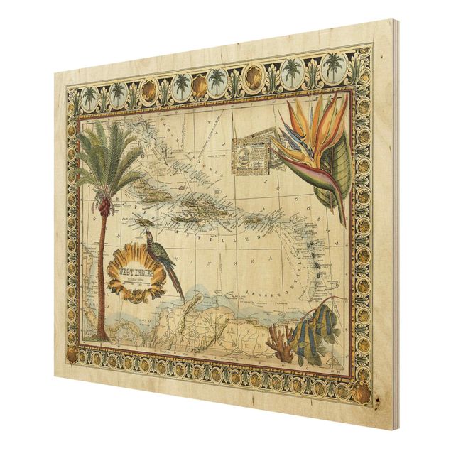 Quadri in legno con paesaggio Mappa tropicale vintage delle Indie Occidentali