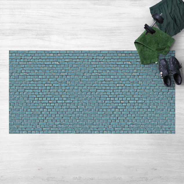 tappeti per balcone Carta da parati effetto mattoni e piastrelle in blu turchese