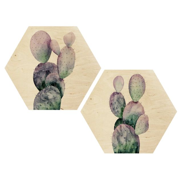 Esagono in legno - Cactus In Viola Set I