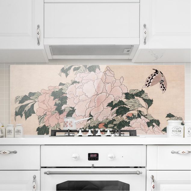 Riproduzioni Katsushika Hokusai - Peonie rosa con farfalla