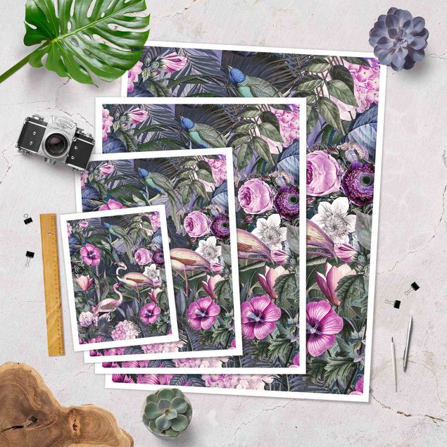 Poster - Colorato collage - Fenicotteri Rosa In The Jungle - Verticale 4:3