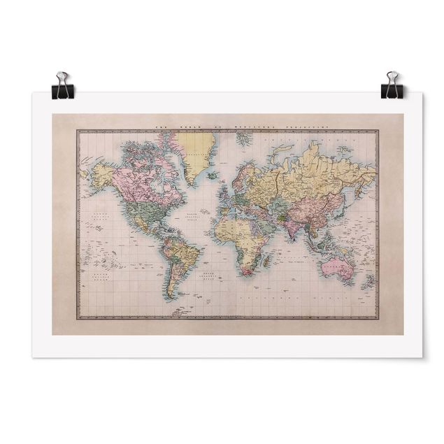 Quadri Mappa del mondo vintage del 1850