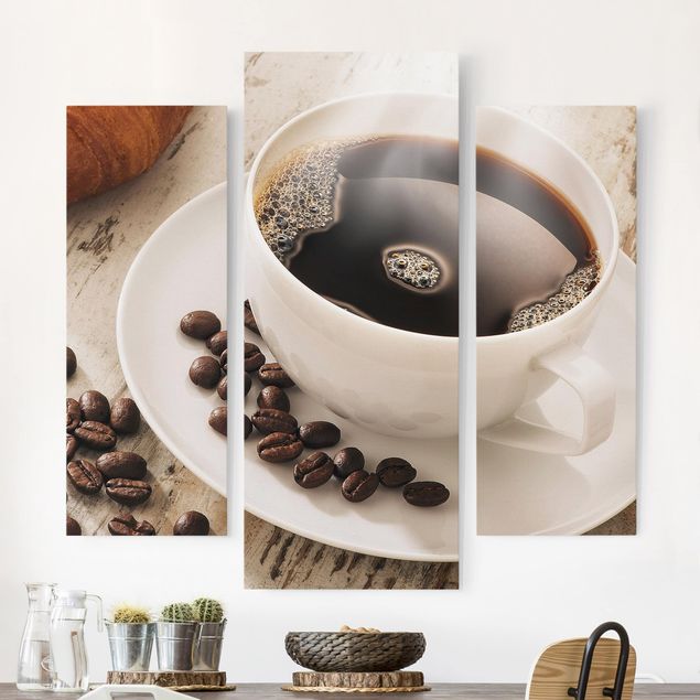 Quadro su tela componibile Tazza di caffè a vapore con chicchi di caffè