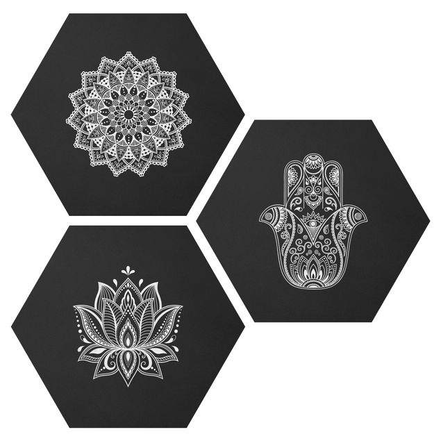 Quadro nero Mandala Hamsa mano Lotus Set su nero