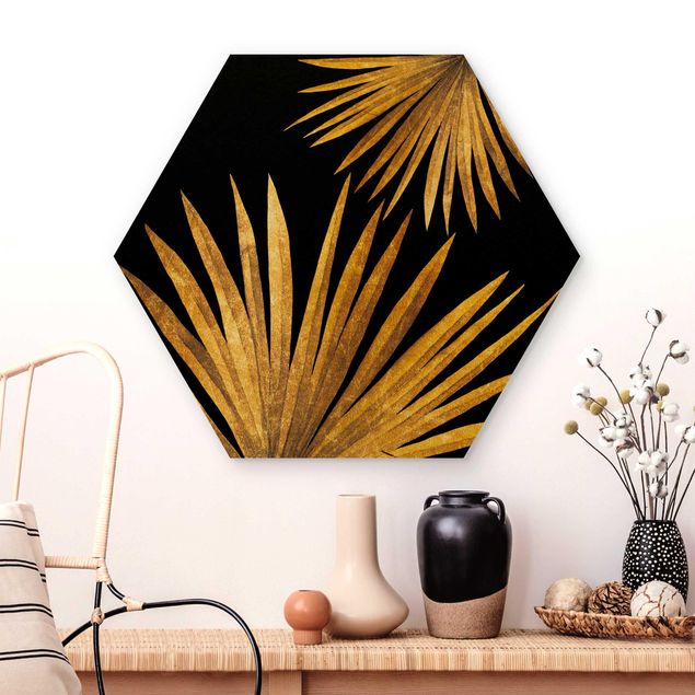 Quadri in legno con fiori Oro - Foglia di palma su nero
