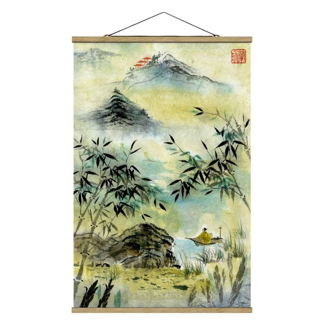 Quadri montagne Disegno acquerello giapponese Foresta di bambù