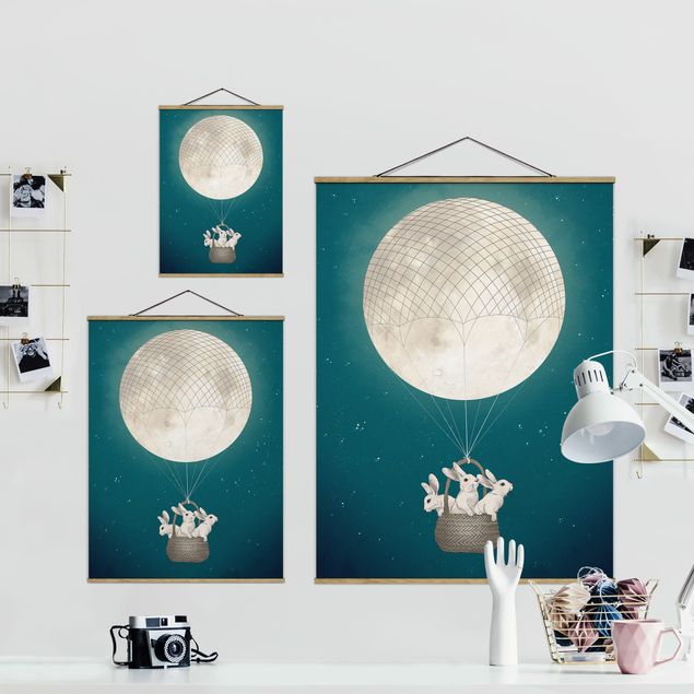 Quadri Illustrazione - Conigli e luna come mongolfiera cielo stellato