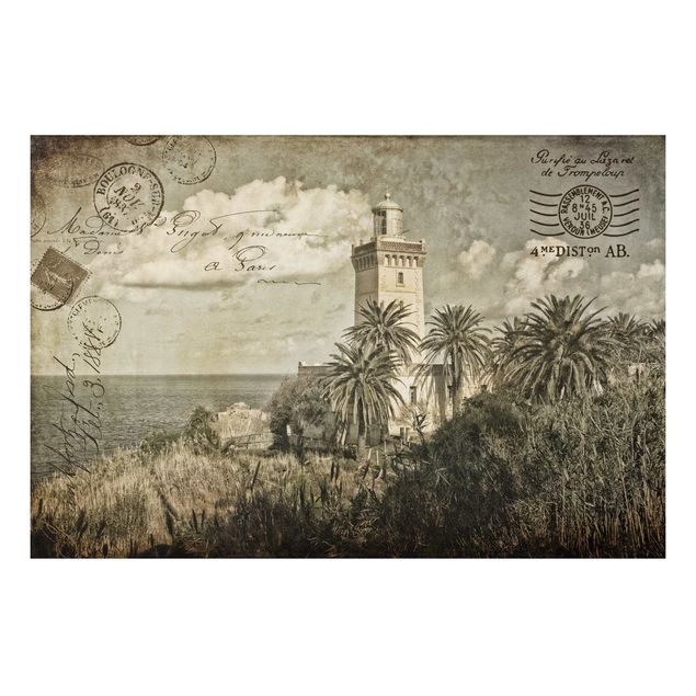 Quadro paesaggio Cartolina vintage con faro e palme
