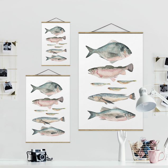 Foto su tessuto da parete con bastone - Sette pesce in acqua di colore II - Verticale 3:2
