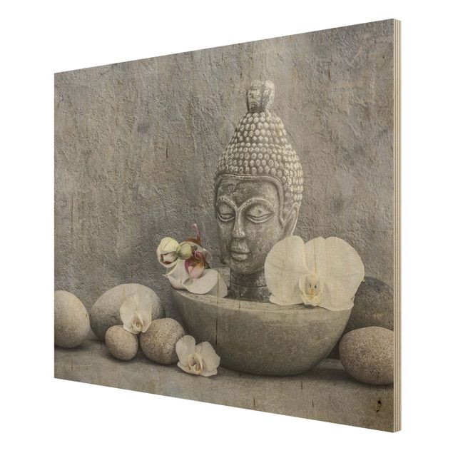 Quadri su legno Buddha Zen, orchidea e pietra