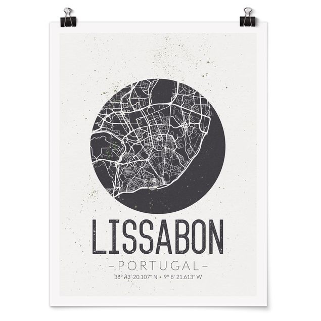 Poster bianco nero Mappa di Lisbona - Retrò