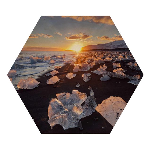 Quadri in legno Pezzi di ghiaccio sulla spiaggia in Islanda