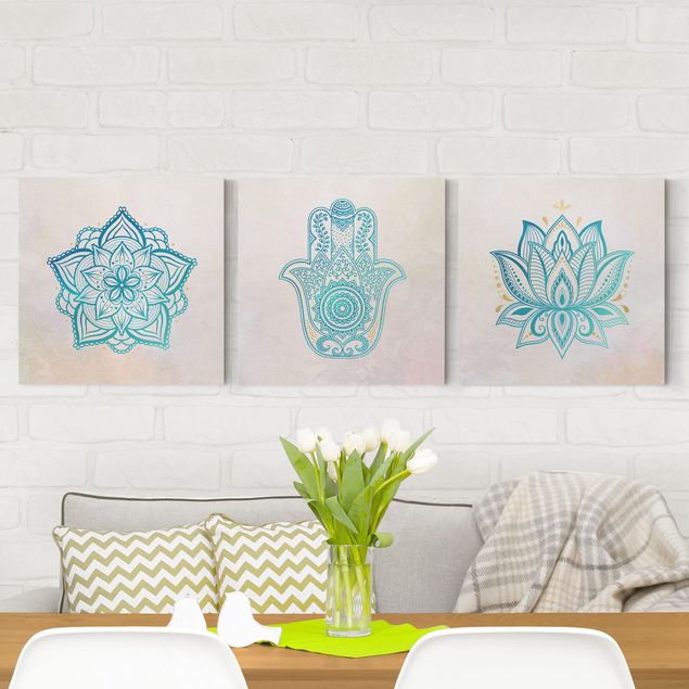 Quadri su tela con disegni Mandala Hamsa mano e loto - Set Oro Blu