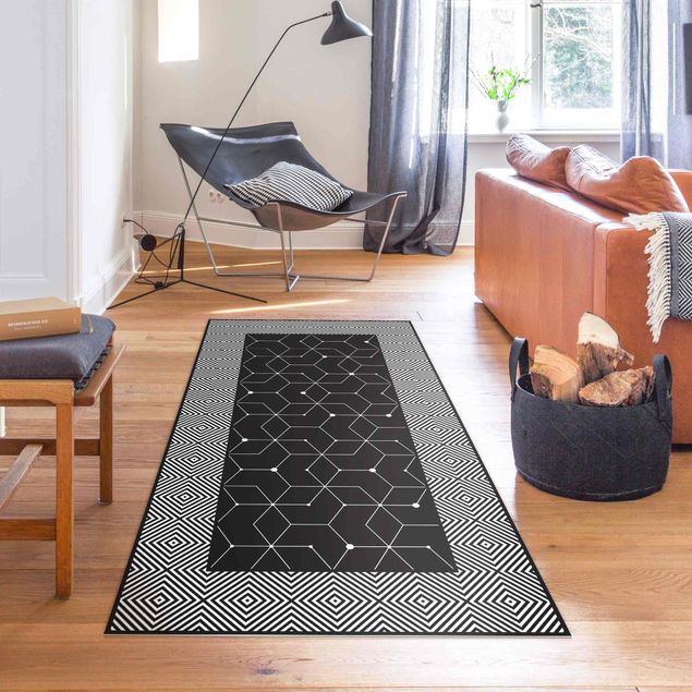 tappeto per esterno Piastrelle geometriche linee tratteggiate nero con bordo
