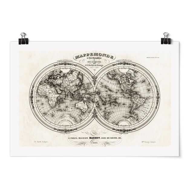 Poster bianco e nero Mappa del mondo - Mappa francese della regione di Cap del 1848