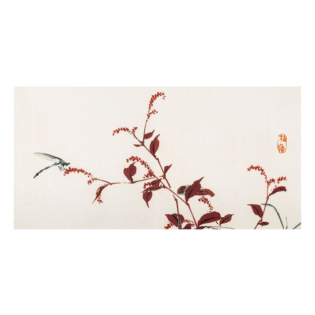 Paraschizzi cucina vetro Disegno vintage asiatico ramo rosso con libellula