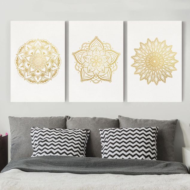 Quadri su tela con disegni Mandala - Fiore Sole Illustrazione - Set Oro
