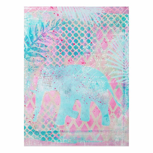 Elefante quadro Collage colorato - Elefante in blu e rosa