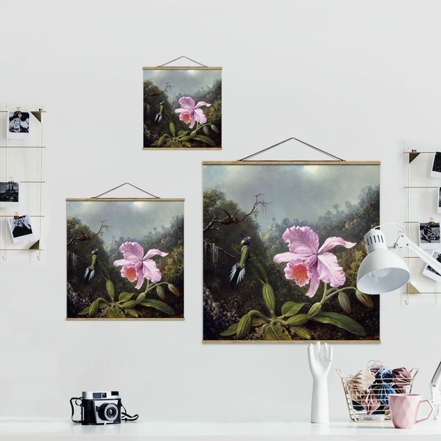 Riproduzione quadri famosi Martin Johnson Heade - Natura morta con un'orchidea e una coppia di colibrì