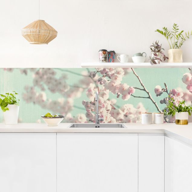 pannelli cucina Danza di fiori di ciliegio su struttura di lino