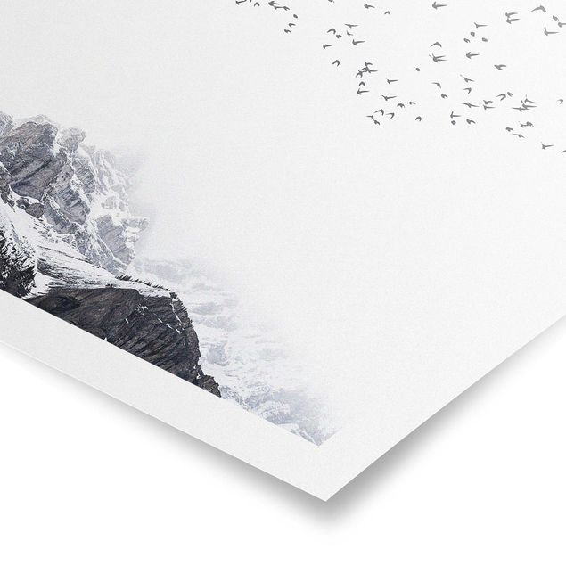 Riproduzioni quadri famosi Stormo di uccelli di fronte alle montagne in bianco e nero