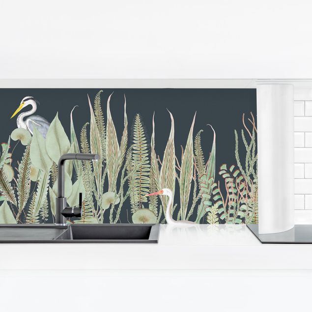 Rivestimento cucina - Fenicottero e cicogna con piante su sfondo verde